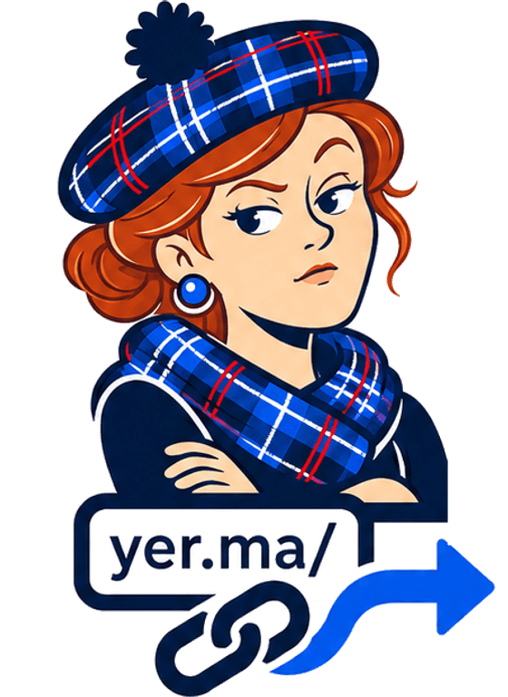 Yer ma: a Scottish gran in a tartan tam and scarf, arms folded, thoroughly unimpressed, wi her yer.ma/ speech bubble